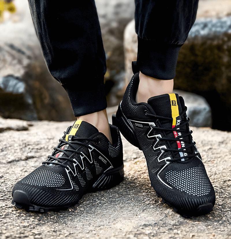 Wear Stylish Air Mesh Men's Gym Shoes with drainage soles, perfect for style and comfort. Lightweight black sneakers SF0726.