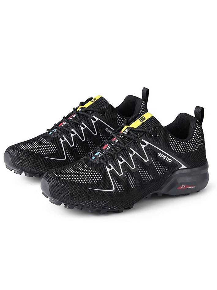Stylish Air Mesh Men's Gym Shoes with drainage sole in black, featuring breathable upper and lightweight EVA outsole.