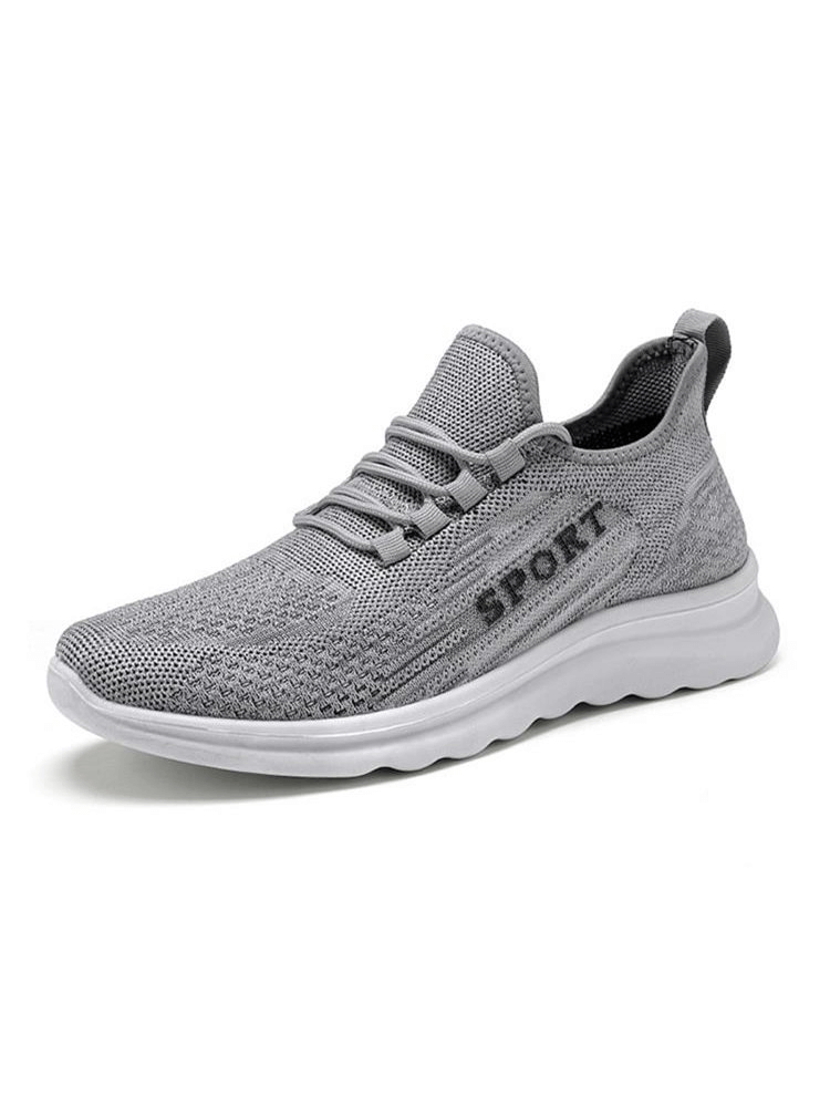 Men's stylish breathable elastic lace-up sneakers with gray mesh upper and white sole, comfortable and flexible design.