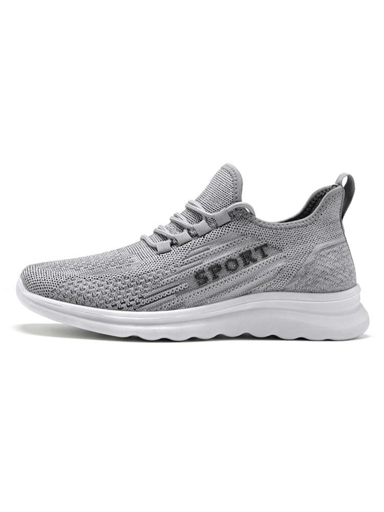 Stylish breathable elastic lace-up sneakers for men with mesh upper, side view in grey.