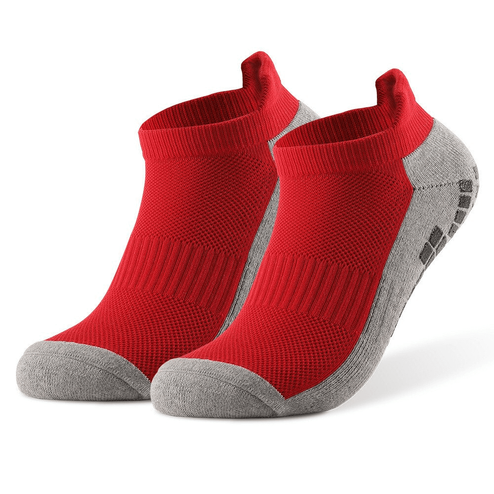 Red breathable non-slip sports socks with grey silicone soles for football, unisex design - SF0829