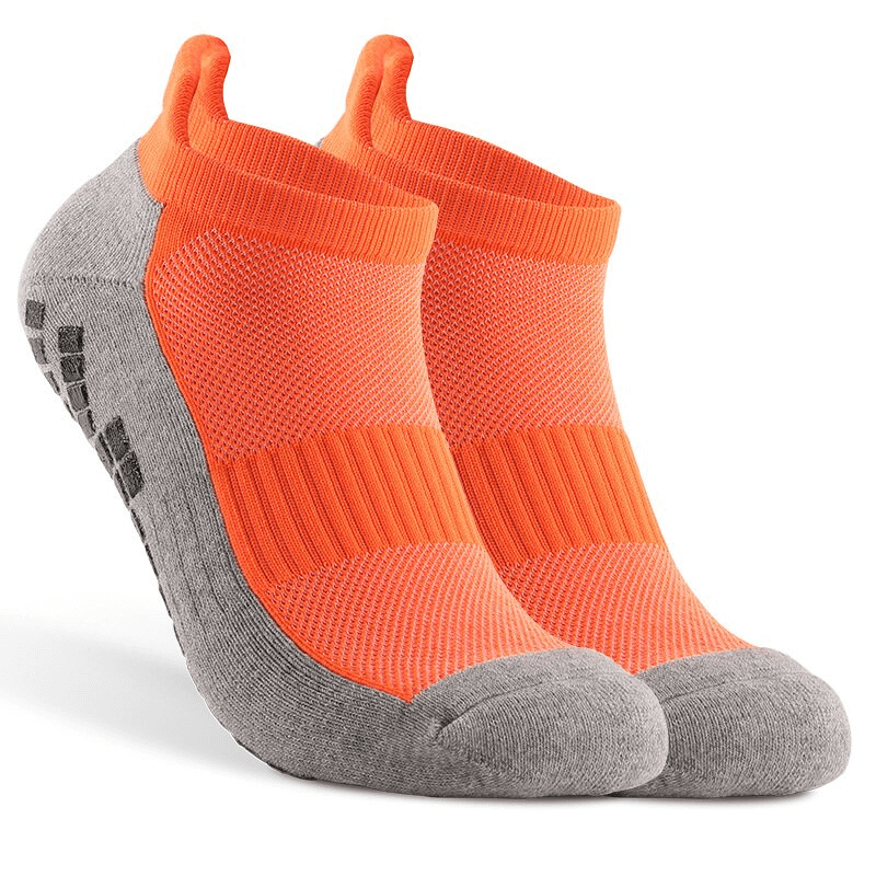 Stylish non-slip sports socks with silicone soles for football, unisex, tear-resistant, orange and gray, breathable cotton.
