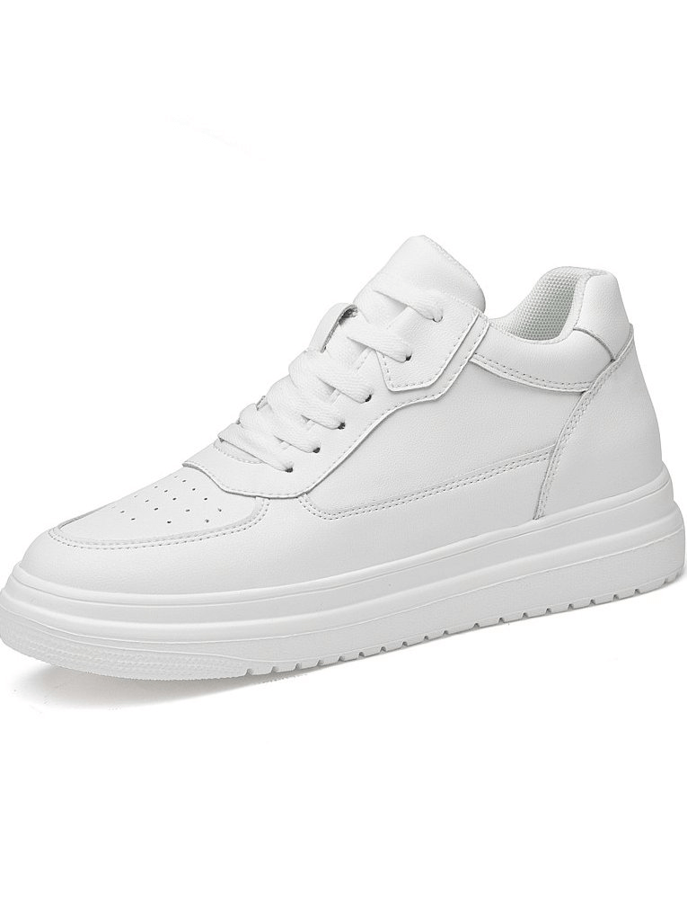 Sleek unisex white high-top sneakers with breathable leather, massage insole, and rubber outsole for comfort and durability.