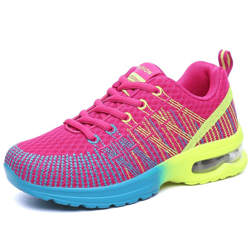 Stylish Bright Mesh Women's Sneakers, breathable sports shoes, pink with blue sole, ideal for active days, lightweight and comfy.