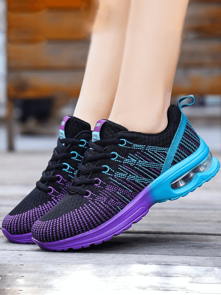 Stylish Bright Mesh Women's Sneakers SF0876, breathable sports shoes with vibrant purple accents and air cushion sole.