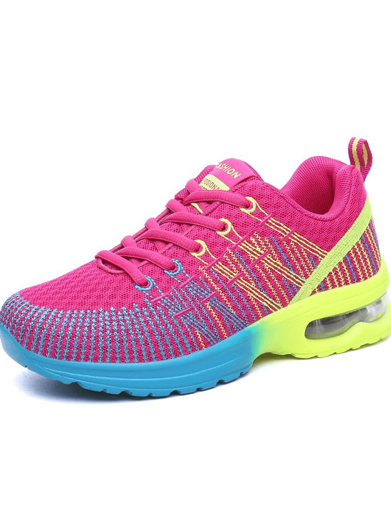 Stylish bright mesh women's sneakers, breathable sports shoes SF0876, pink with vibrant blue and yellow accents, lace-up design.
