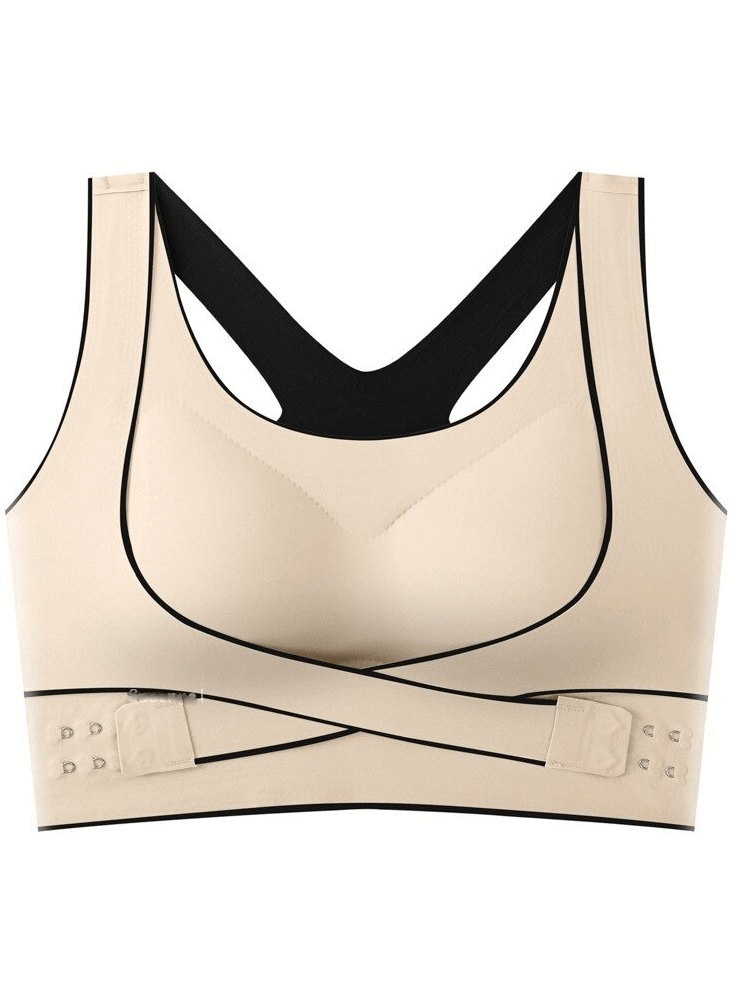 Stylish elastic cross back push-up sports bra with front closure in beige, offering support and comfort for women, model SF0483.