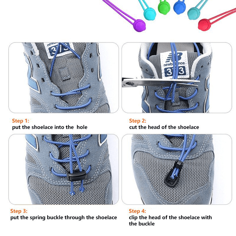 Guide to installing stylish elastic laces with spring buckles on sports shoes, including steps from threading to securing.