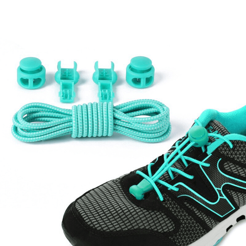Stylish elastic laces for sports shoes with spring buckles in turquoise, ideal for no-tie convenience and secure fit.