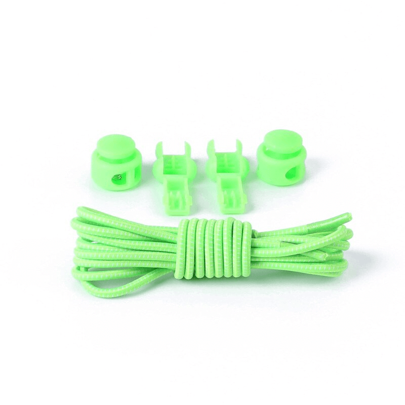 Neon green stylish elastic laces for sports shoes with spring buckles and tail clips, perfect for no-tie convenience.
