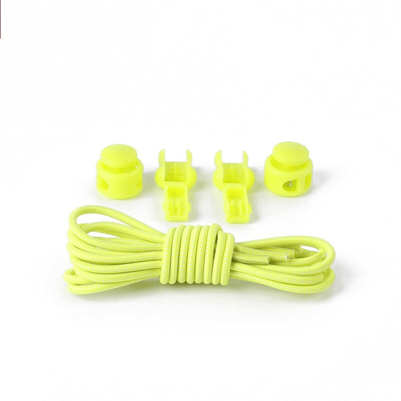 Bright yellow elastic no-tie shoelaces with spring buckles and tail clips for sports shoes, 100cm length, plastic material.