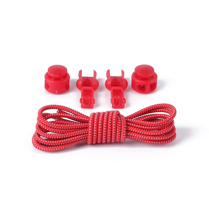 Red stylish elastic laces for sports shoes with 2 spring buckles and tail clips, perfect for no-tie shoe convenience. SF1127.