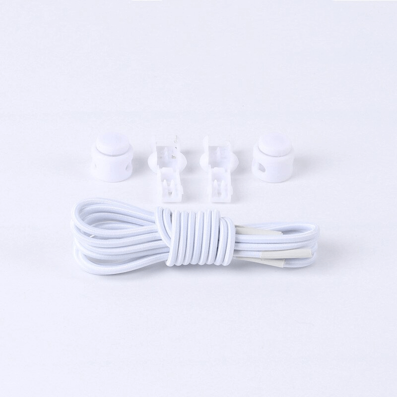 White elastic no-tie sports shoe laces with spring buckles and clips set, perfect for a solid grip and easy installation.