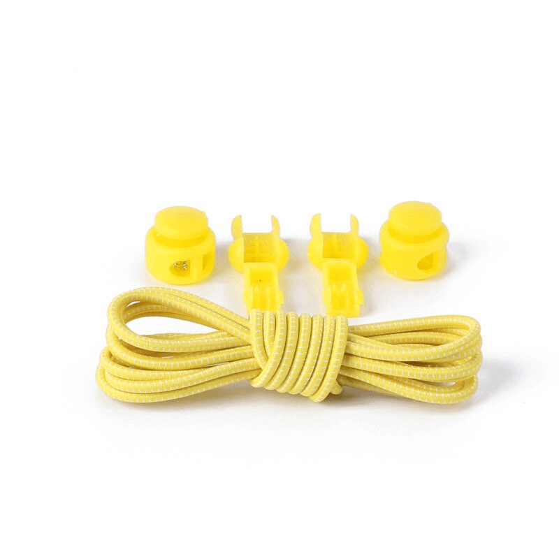 Yellow elastic laces for sports shoes with spring buckles, perfect for no-tie convenience. Includes 2 spring buckles and tail clips.