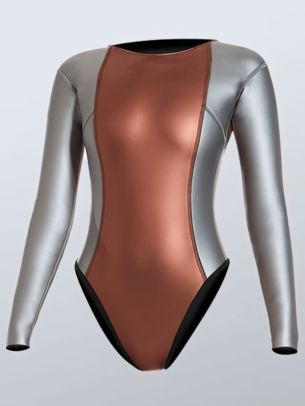 Stylish elastic long-sleeve women's diving wetsuit in gray and bronze, showcasing sleek design and flexible fit for underwater activities.