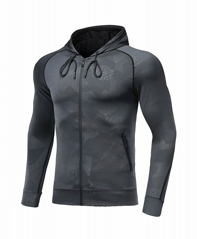 Stylish Elastic Sports Men's Hoodie with Zipper, perfect for running, made of breathable polyester-spandex with anti-wrinkle features.