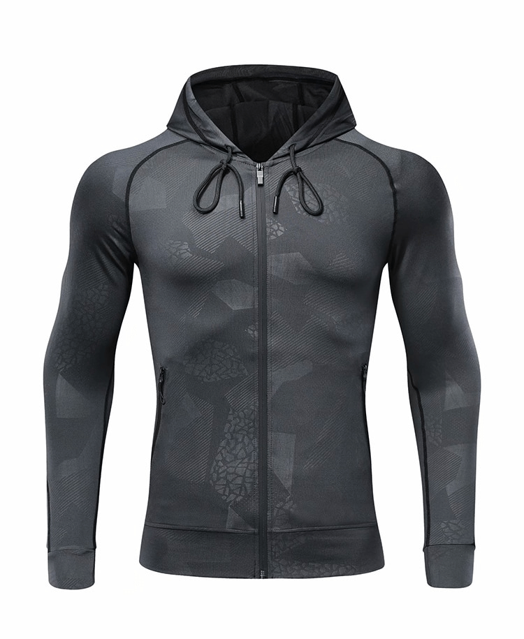 Stylish Elastic Men's Sports Hoodie with Zipper SF0737 in sleek black, perfect for running; made of breathable, quick-drying polyester.