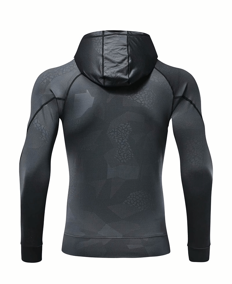 Back view of stylish elastic sports men's hoodie with zipper, featuring hooded design, breathable polyester-spandex fabric, in sleek black.