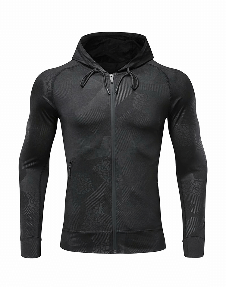 Stylish Elastic Sports Men's Hoodie with Zipper - Black, Breathable, Quick-Drying, Windproof, Athletic Wear SF0737