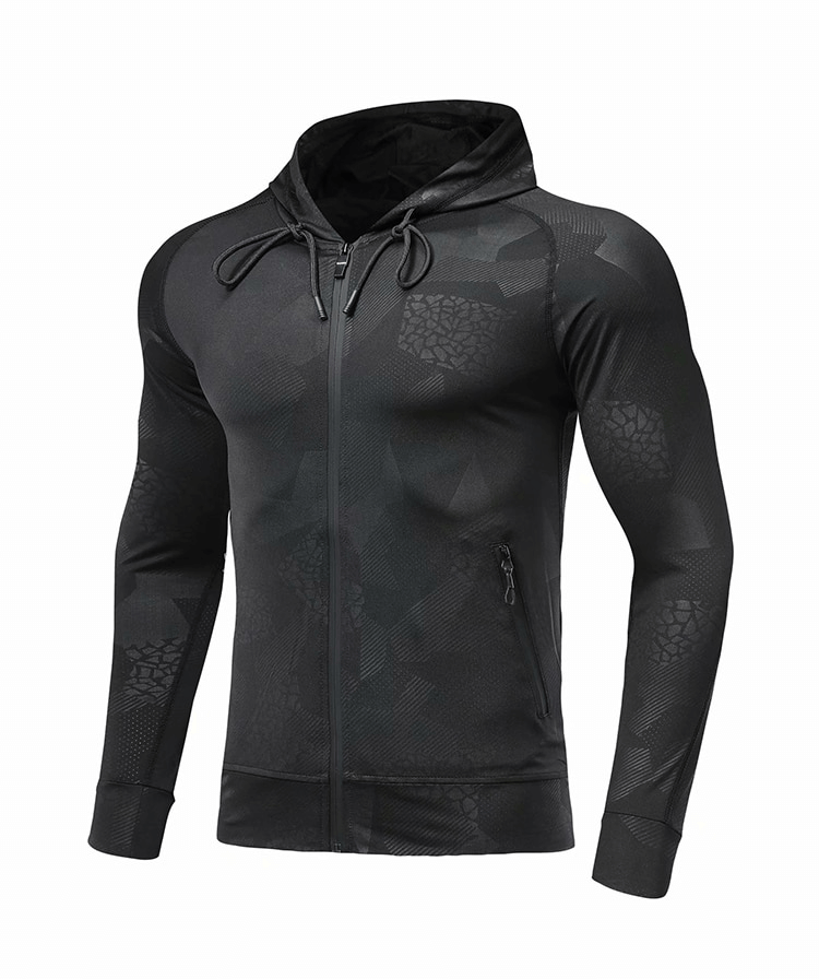 Stylish Elastic Sports Men's Hoodie with Zipper SF0737 in black, perfect for running; breathable, quick-drying, windproof.