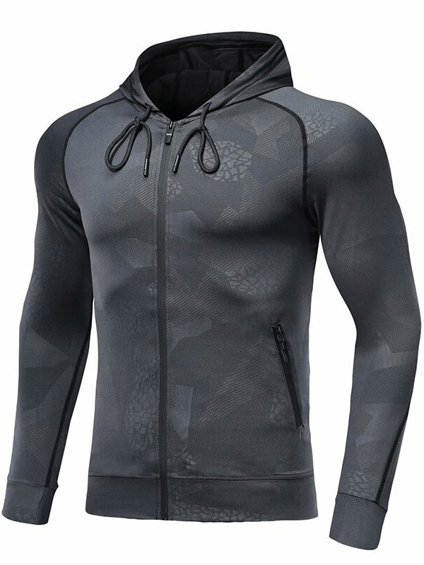 Stylish Elastic Sports Men's Hoodie with Zipper in black, featuring polyester-spandex blend, perfect for running. Model SF0737.