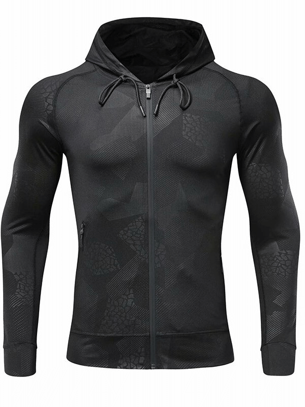 Stylish Elastic Sports Men's Hoodie with Zipper in black, made of breathable polyester and spandex for running, anti-pilling and quick-drying.