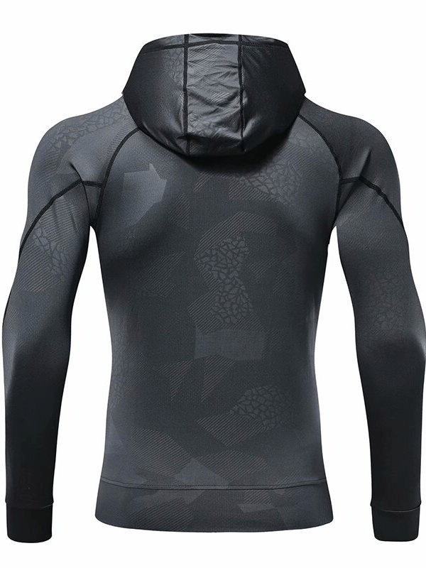 Stylish Elastic Sports Men's Hoodie with Zipper SF0737 back view, polyester-spandex blend, hooded design for running.