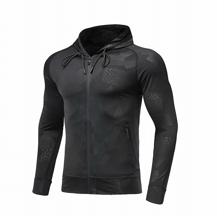 Black Stylish Elastic Sports Men's Hoodie with Zipper, perfect for running, made of breathable polyester and spandex, design SF0737.