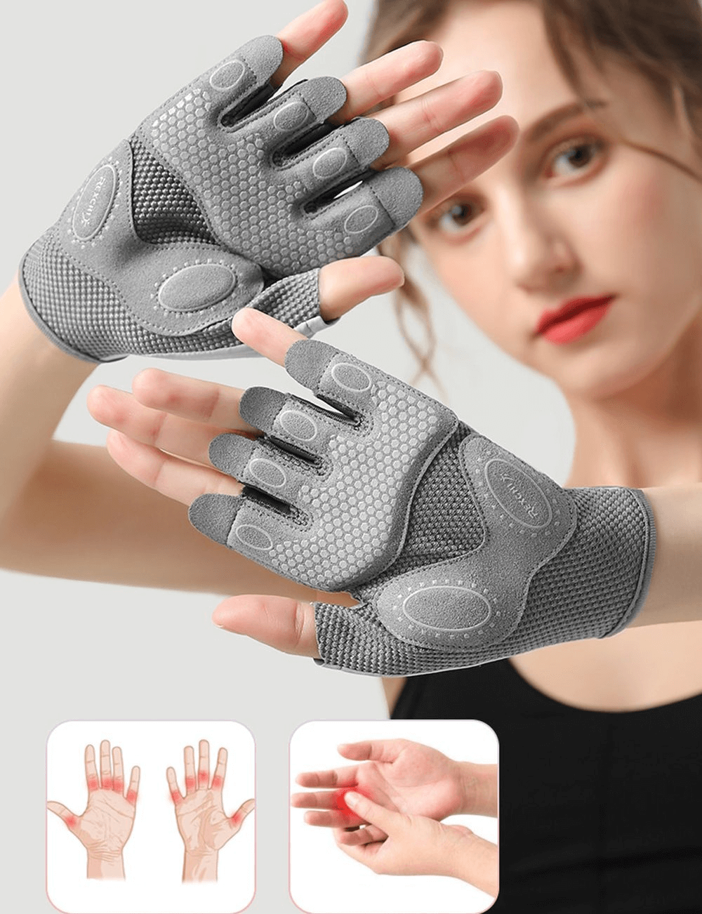 Stylish elastic women's fingerless training gloves in gray, offering comfort and protection for cyclists.