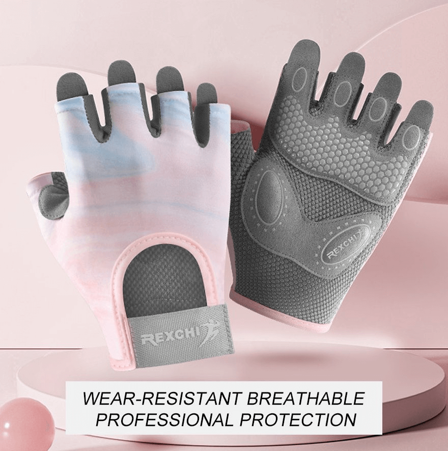 Stylish elastic women's fingerless gloves for training, pink and gray, wear-resistant and breathable for cycling protection.