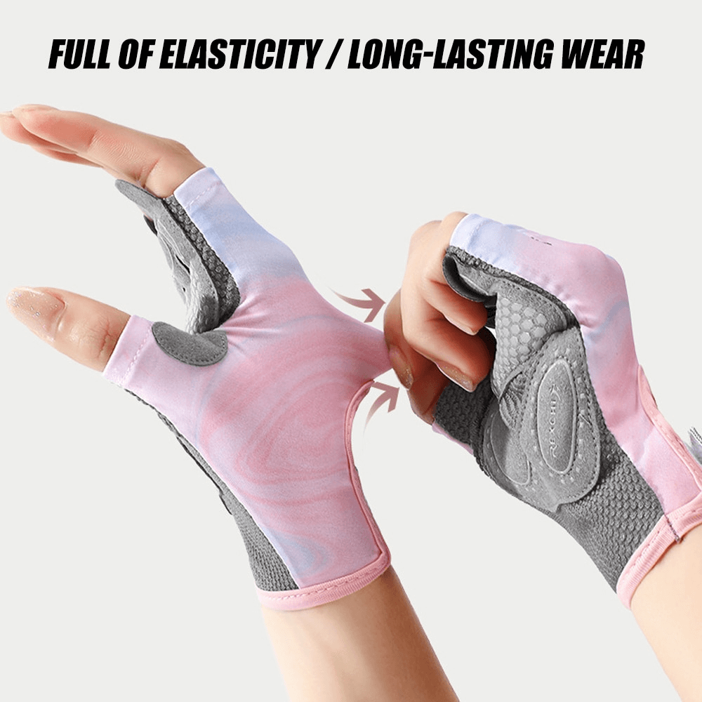Stylish elastic women's fingerless gloves for cycling and training, showing durability and comfort in pink and gray design.