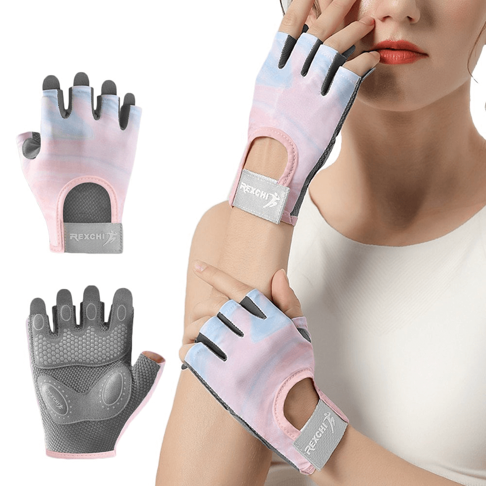 Stylish elastic women's fingerless gloves in pink, perfect for cycling. Features breathable, durable design with gel padding for comfort.