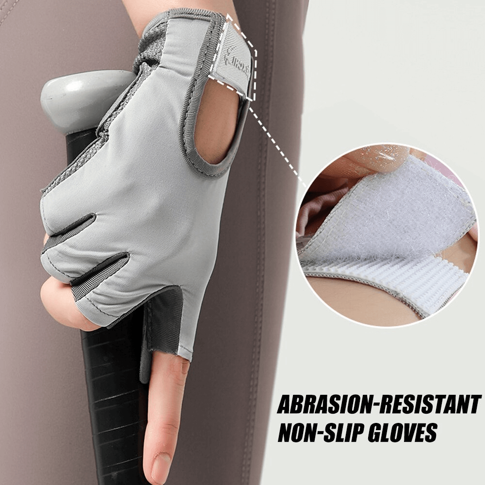 Stylish elastic women's fingerless gloves for training, abrasion-resistant and non-slip, holding a handle.
