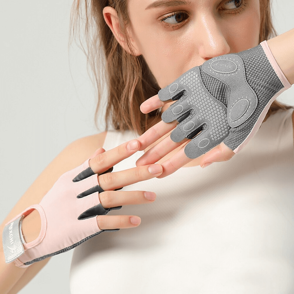 Woman wearing stylish elastic fingerless gloves for training, showcasing comfort and durability with a blend of polyester and silicone.