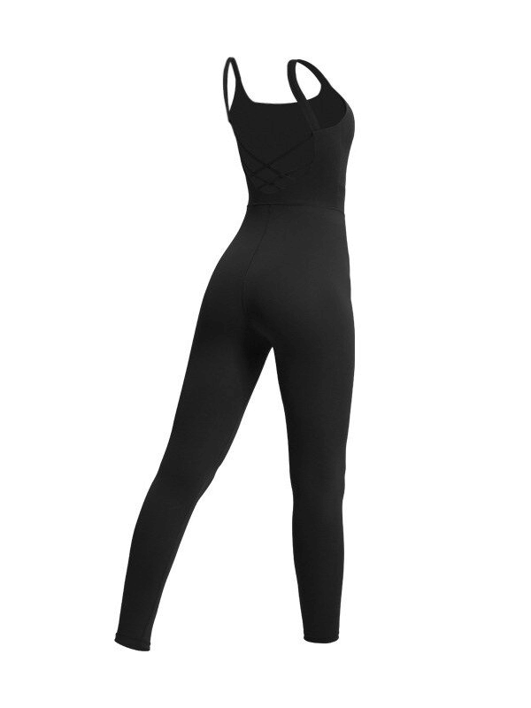 Stylish elastic women's open back fitness jumpsuit in black, perfect for yoga and sports. Made from breathable, quick-dry fabrics.