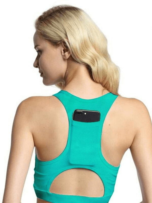 Green stylish elastic women's sports bra with back pocket and phone, perfect for fitness.