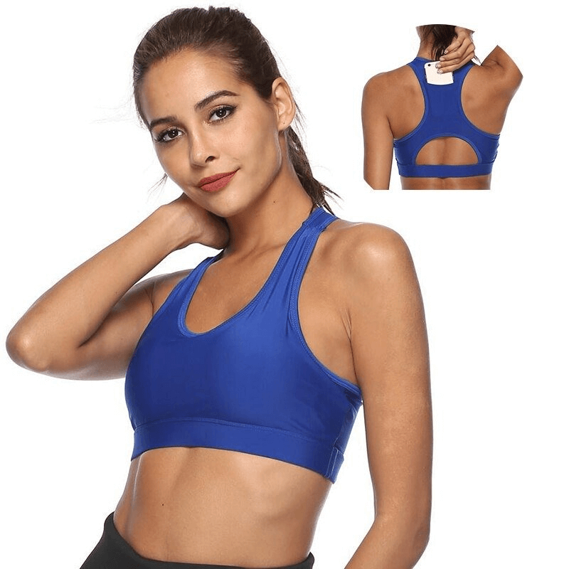 Stylish elastic women's sports bra with back pocket, perfect for fitness. Made of breathable polyester for optimal comfort.