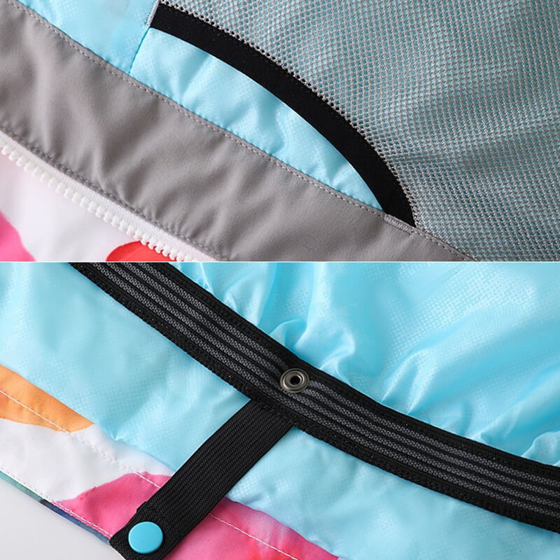 Close-up of the SF0618 waterproof jacket fabric showing colorful waterproof and breathable material ideal for skiing and snowboarding.