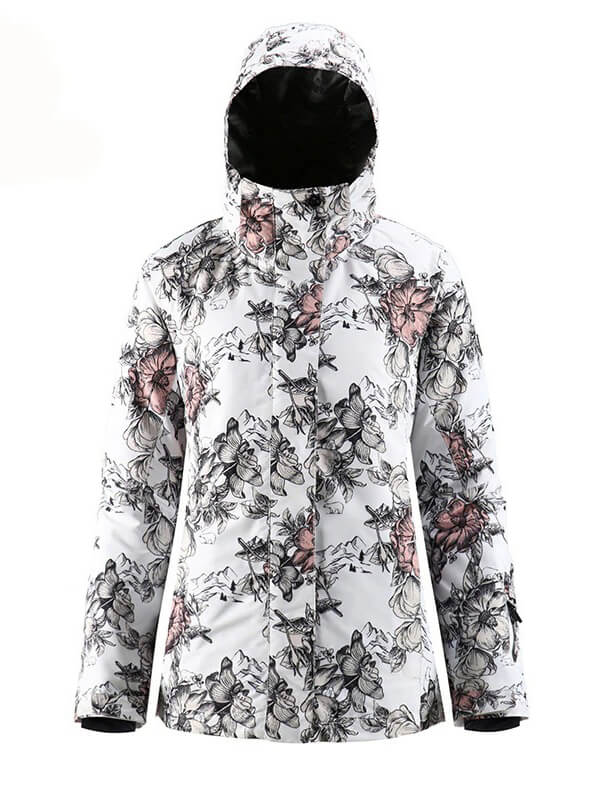 Floral waterproof ski jacket for women, perfect for skiing and snowboarding. Stylish design with hood for winter sports.