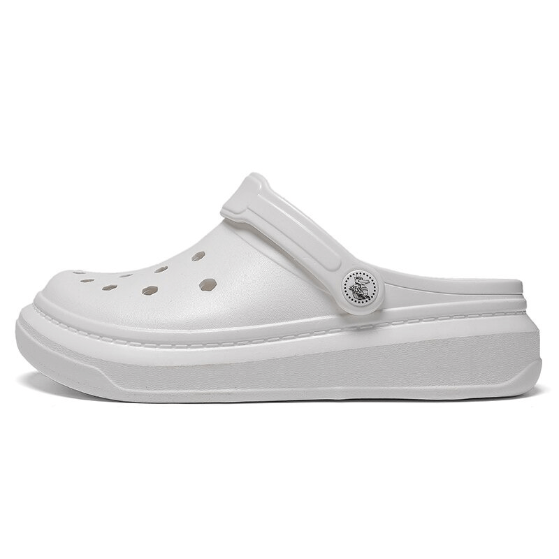 White stylish flexible lightweight unisex crocs with a platform sole, perfect for casual wear and comfort.