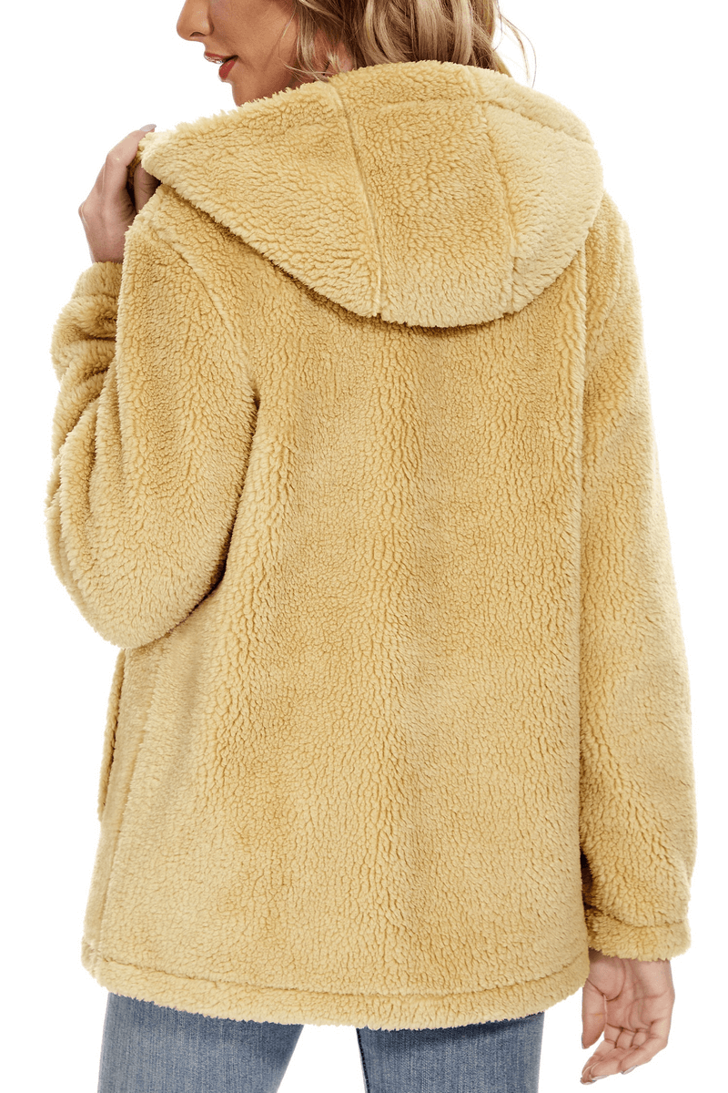 Back view of a stylish fluffy women's jacket with hood and zipper, made of high-quality polyester, perfect for cozy warmth.