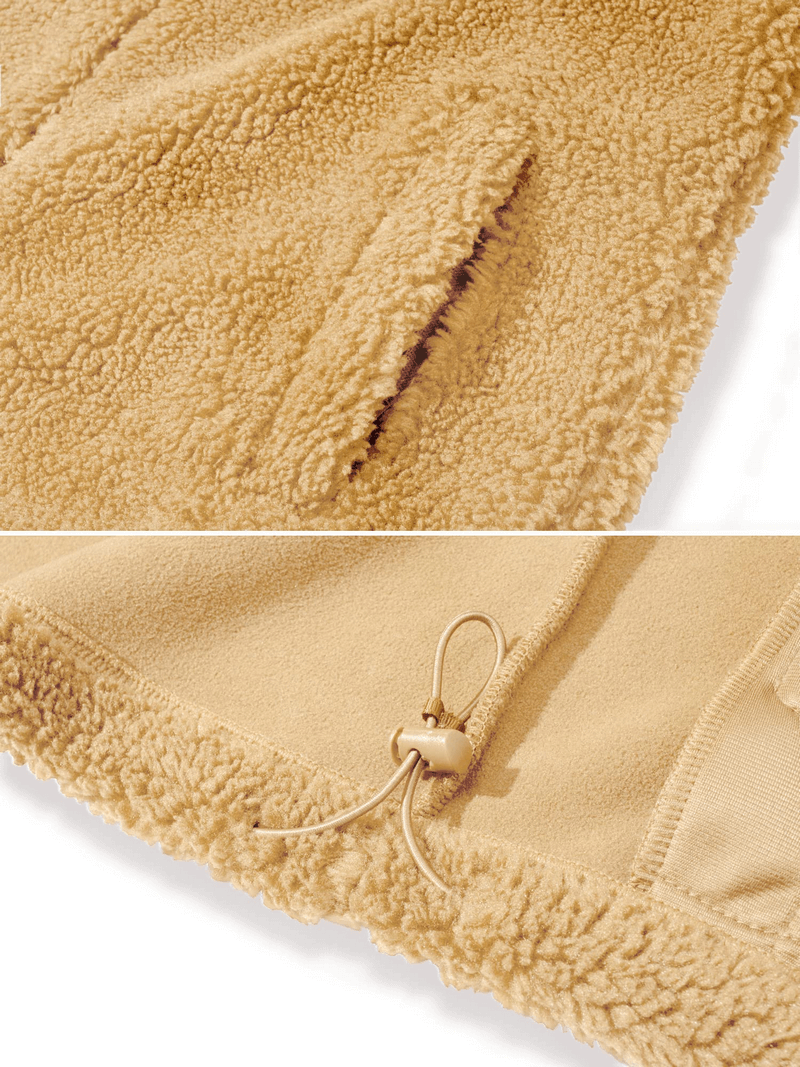 Close-up of a stylish fluffy women's jacket showing details of the zipper and pocket."}