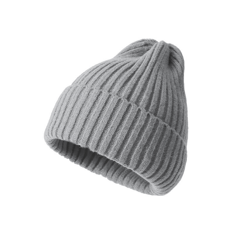 Stylish knitted plain women's hat in gray, perfect for warmth and fashion, made of acrylic and wool, versatile and comfortable headwear.