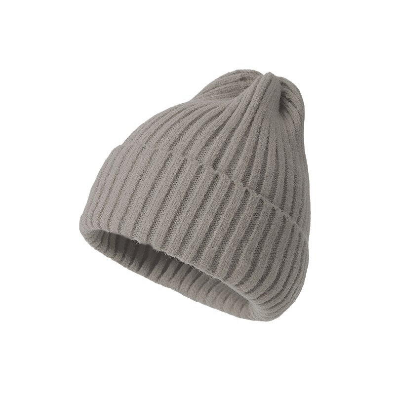 Cozy stylish knitted women's hat in soft grey, made with acrylic and woolen fabric. Perfect casual headwear for warmth and style.