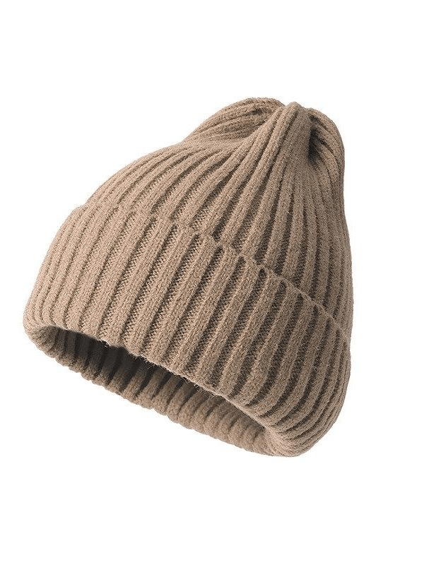 Cozy stylish knitted plain women's hat in beige, combining acrylic and woolen fabric, with adjustable fit SF0291.