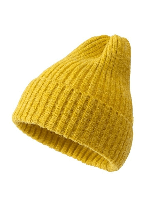 Yellow knitted women's hat stylish and cozy for winter fashion. SF0291 headwear made from acrylic and wool, fitting 48-54 cm.