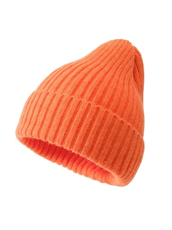 Vibrant orange knitted women's hat, perfect for casual style and warmth, made with cozy acrylic and woolen fabric.