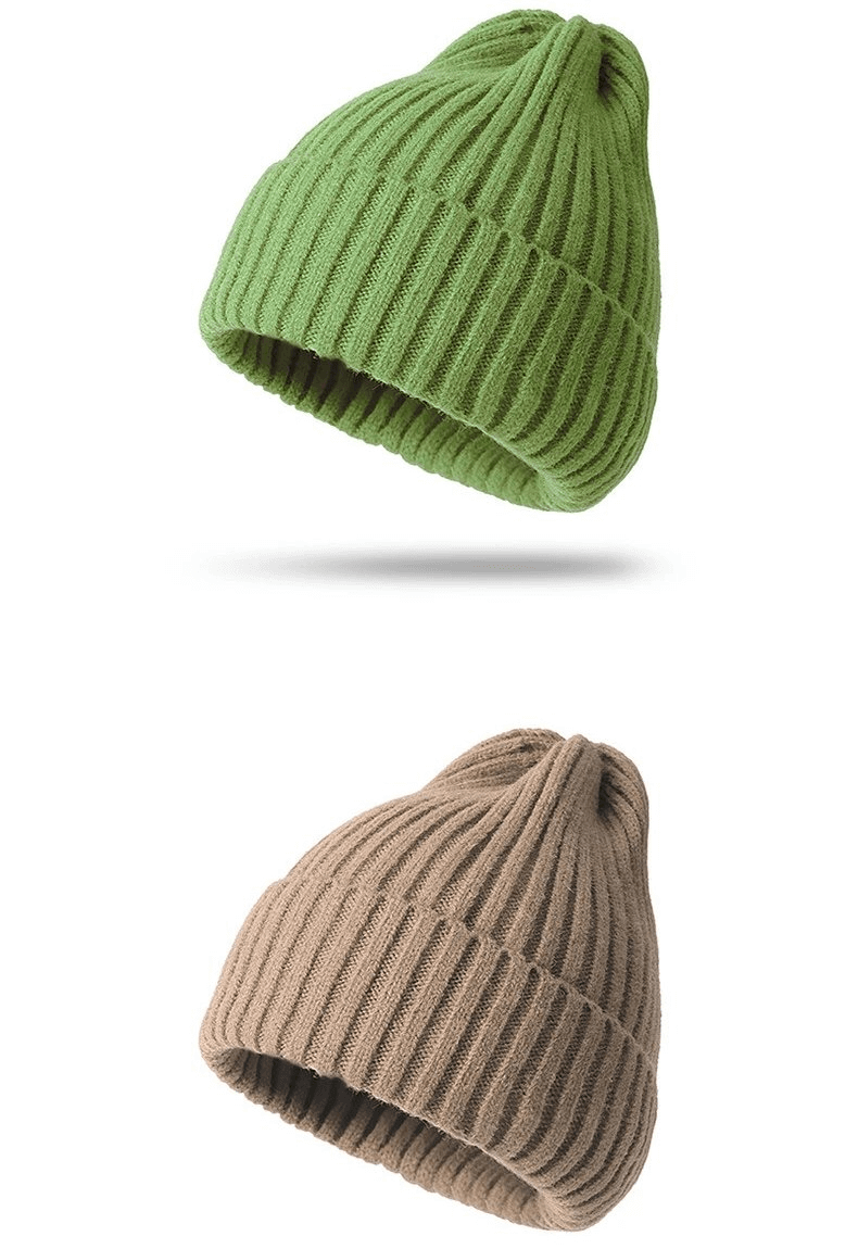 Stylish knitted plain women's hat in green and beige, perfect for casual wear and keeping warm with adjustable fit.