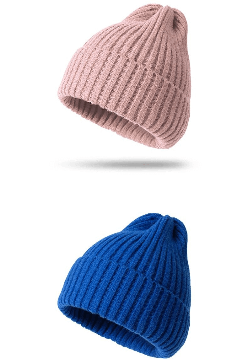 Alt Tag: Pink and blue stylish knitted women's hats made from cozy acrylic and woolen fabric, perfect for warmth and fashion.