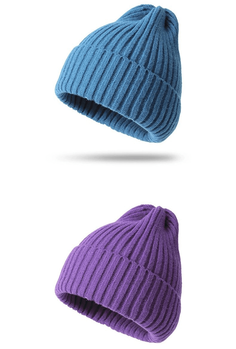 Blue and purple knitted women's hats, stylish plain design, perfect for fashion and warmth, adjustable fit, acrylic and wool blend.